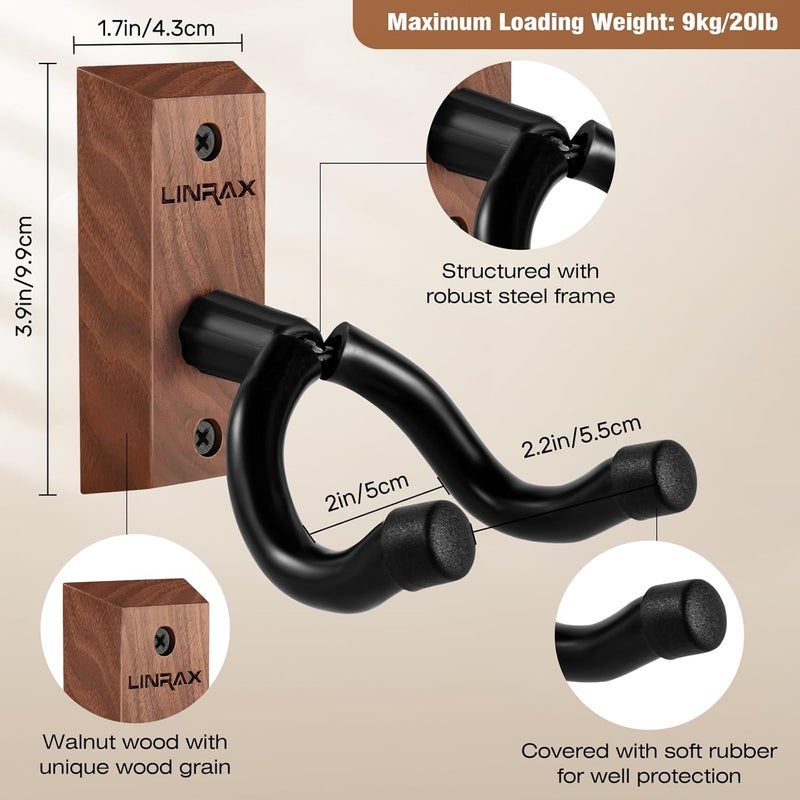 LINRAX Guitar Wall Mount, 2 Pack Wall Hanger, Black Walnut Hook with Screws, U-Shaped Guitar Holder for Acoustic Classical Electric Guitar Bass Banjo Mandolin, Guitar Wall Stand - Image 3